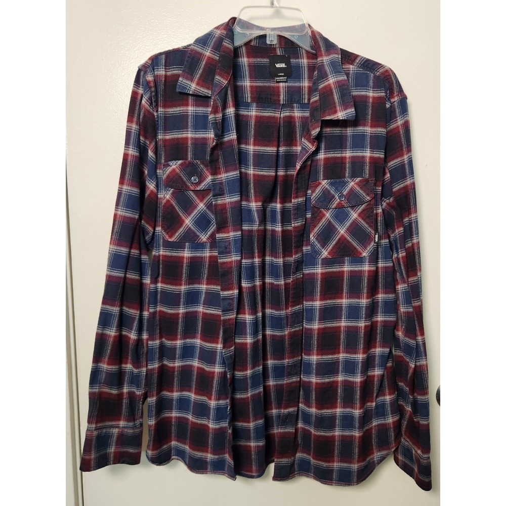 Van's Burgundy Blue Plaid Flannel Button Up‎ Shirt Men's Tailored Fit Lrg Skater